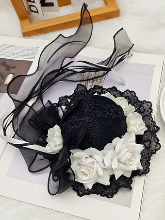 ホワイト＋ブラッククラシックなガーリーなスウィートロリータハット レースアップフラワー ポリエステルレッドロリータアクセサリー