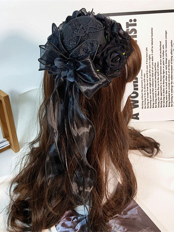 ブラック クラシックなガーリーなスウィートロリータハット レースアップフラワー ポリエステルレッドロリータアクセサリー