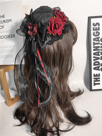 ワインレッド クラシックなガーリーなスウィートロリータハット レースアップフラワー ポリエステルレッドロリータアクセサリー