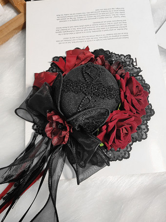 クラシックなガーリーなスウィートロリータハット レースアップフラワー ポリエステルレッドロリータアクセサリー