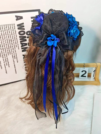 ブルー クラシックなガーリーなスウィートロリータハット レースアップフラワー ポリエステルレッドロリータアクセサリー