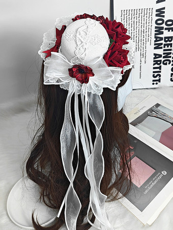 レッド＋ホワイトクラシックなガーリーなスウィートロリータハット レースアップフラワー ポリエステルレッドロリータアクセサリー