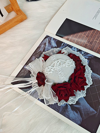 クラシックなガーリーなスウィートロリータハット レースアップフラワー ポリエステルレッドロリータアクセサリー