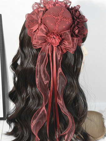 クラシックなガーリーなスウィートロリータハット レースアップフラワー ポリエステルレッドロリータアクセサリー