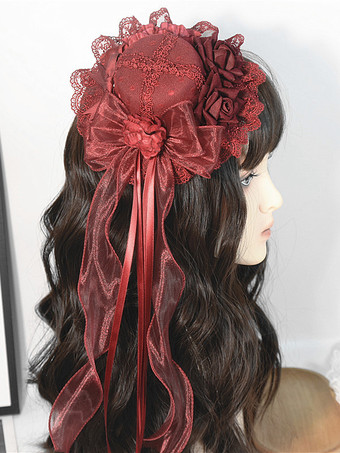 レッド クラシックなガーリーなスウィートロリータハット レースアップフラワー ポリエステルレッドロリータアクセサリー