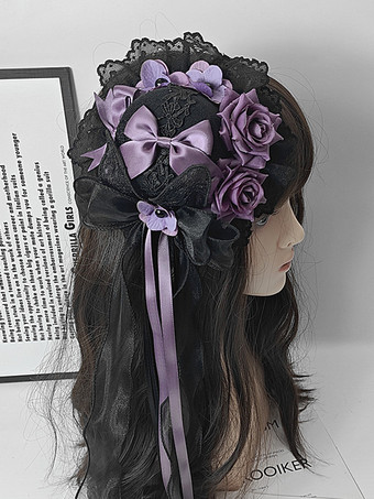 パープル クラシックなガーリーなスウィートロリータハット レースアップフラワー ポリエステルレッドロリータアクセサリー