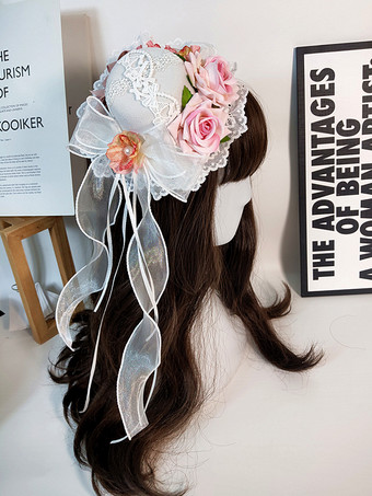 ピンククラシックなガーリーなスウィートロリータハット レースアップフラワー ポリエステルレッドロリータアクセサリー