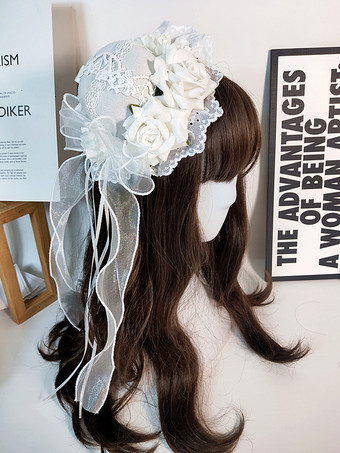 ホワイト クラシックなガーリーなスウィートロリータハット レースアップフラワー ポリエステルレッドロリータアクセサリー