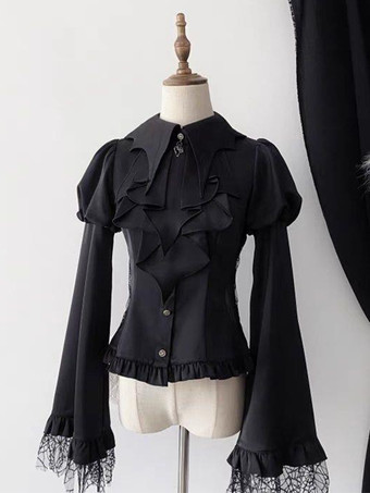 Gothic Lolita Blouses White Black Long Sleeves Lantern Sleeves Ruffles Lace Lolita Shirts Blouses