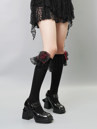 Gothic Lolita Crew Mid-calf Socks Red And Black Rose Flowers Accessory