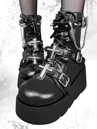 ブラック ロリィタ靴 ブーツスタイル 丸いつま先 プラットフォーム