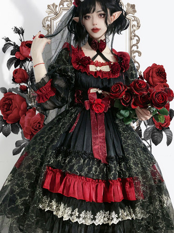 Robes gothiques Lolita à fleurs volants nœuds en dentelle robes rouges et noires