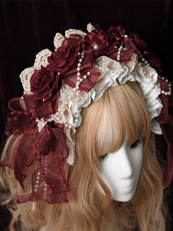 Diadema gótica de lolita con perlas y encaje burdeos