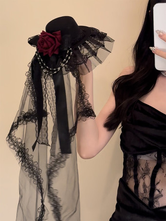 Chapeau gothique Lolita à fleurs rouges et dentelle blanche accessoires Lolita