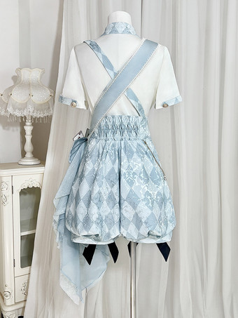 王子ロリータセット 青と白のチェック柄ロリータジャンプスーツとシャツのコーディネートセット