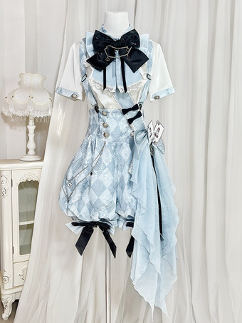 王子ロリータセット 青と白のチェック柄ロリータジャンプスーツとシャツのコーディネートセット