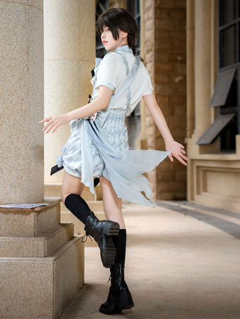 王子ロリータセット 青と白のチェック柄ロリータジャンプスーツとシャツのコーディネートセット