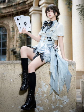 王子ロリータセット 青と白のチェック柄ロリータジャンプスーツとシャツのコーディネートセット