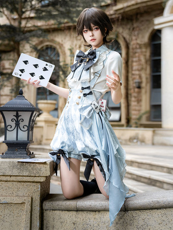 王子ロリータセット 青と白のチェック柄ロリータジャンプスーツとシャツのコーディネートセット