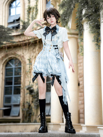 王子ロリータセット 青と白のチェック柄ロリータジャンプスーツとシャツのコーディネートセット