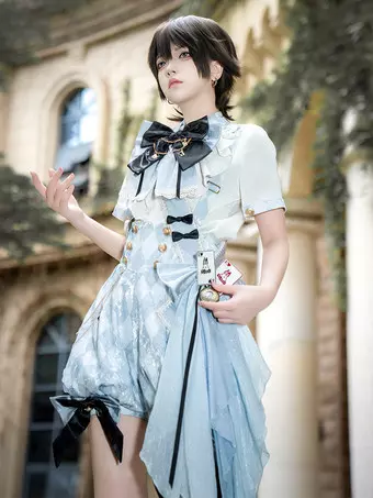 王子ロリータセット 青と白のチェック柄ロリータジャンプスーツと