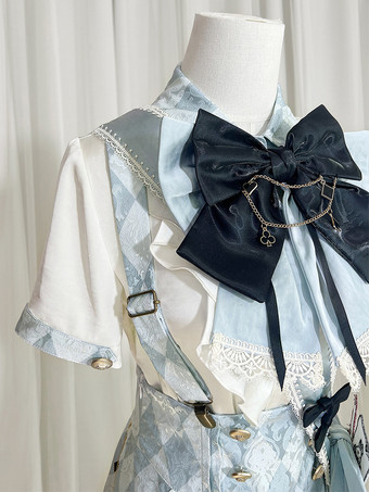 王子ロリータセット 青と白のチェック柄ロリータジャンプスーツとシャツのコーディネートセット