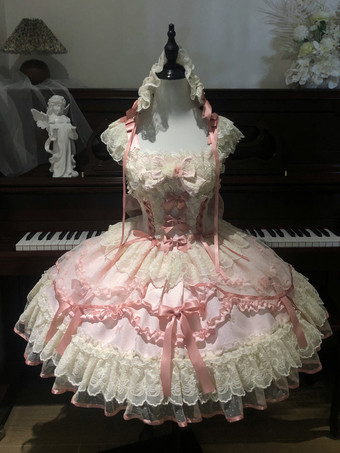 スイートロリータドレス ポリエステル ノースリーブ リボン スイートジャンパースカート ピンク ロリータドレス