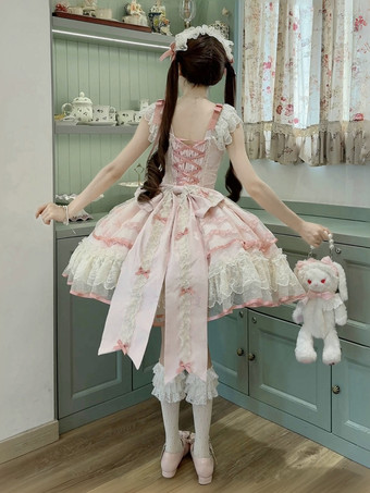 スイートロリータドレス ポリエステル ノースリーブ リボン スイートジャンパースカート ピンク ロリータドレス
