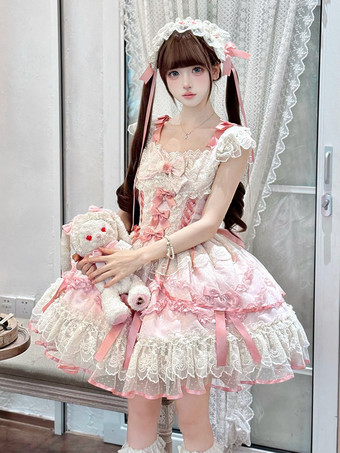 スイートロリータドレス ポリエステル ノースリーブ リボン スイートジャンパースカート ピンク ロリータドレス