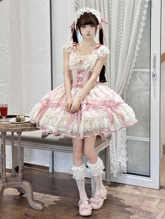 スイートロリータドレス ポリエステル ノースリーブ リボン スイートジャンパースカート ピンク ロリータドレス
