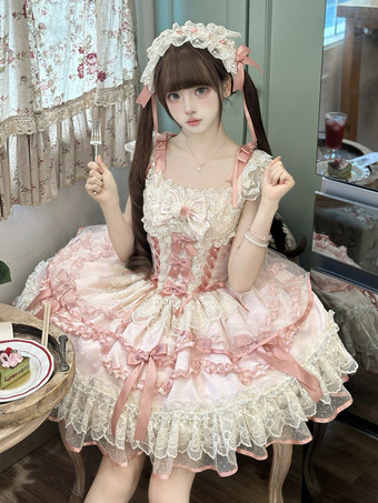 スイートロリータドレス ポリエステル ノースリーブ リボン スイートジャンパースカート ピンク ロリータドレス