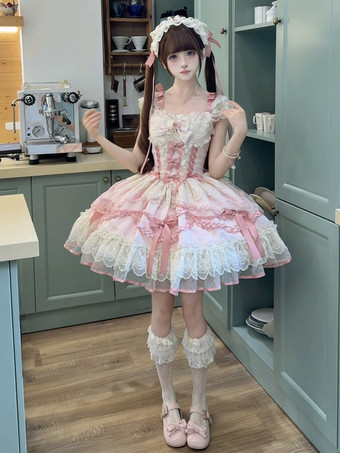 スイートロリータドレス ポリエステル ノースリーブ リボン スイートジャンパースカート ピンク ロリータドレス