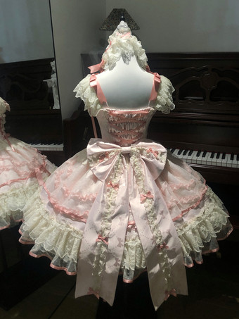 スイートロリータドレス ポリエステル ノースリーブ リボン スイートジャンパースカート ピンク ロリータドレス