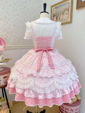 Vestido Lolita Dulce de Poliéster Sin Mangas con Lazos y Sombrero Vestido Lolita Rosa