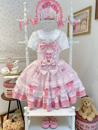 Vestido Lolita Dulce de Poliéster Sin Mangas con Lazos y Sombrero Vestido Lolita Rosa