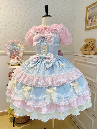 Vestido Lolita Dulce de Poliéster Sin Mangas con Lazos y Sombrero Vestido Lolita Rosa