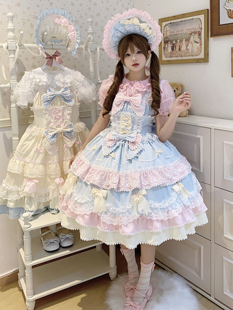Azul celeste claroVestido Lolita Dulce de Poliéster Sin Mangas con Lazos y Sombrero Vestido Lolita Rosa