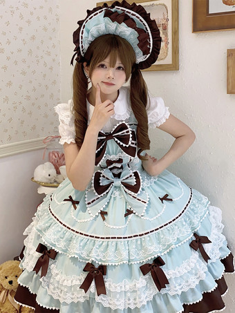 azul Vestido Lolita Dulce de Poliéster Sin Mangas con Lazos y Sombrero Vestido Lolita Rosa