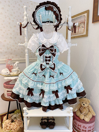 Vestido Lolita Dulce de Poliéster Sin Mangas con Lazos y Sombrero Vestido Lolita Rosa