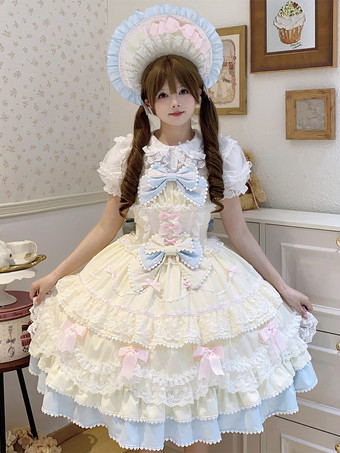 AmarilloVestido Lolita Dulce de Poliéster Sin Mangas con Lazos y Sombrero Vestido Lolita Rosa