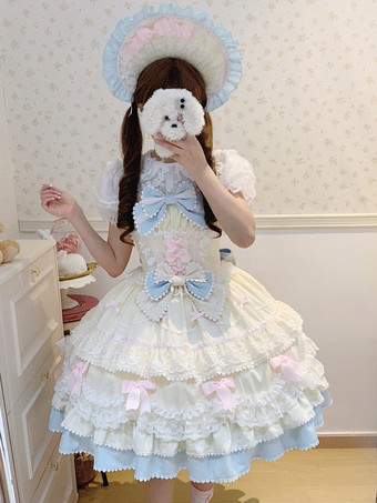 Vestido Lolita Dulce de Poliéster Sin Mangas con Lazos y Sombrero Vestido Lolita Rosa
