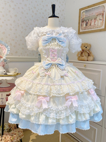 Vestido Lolita Dulce de Poliéster Sin Mangas con Lazos y Sombrero Vestido Lolita Rosa