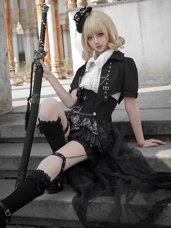 ゴシック王子ロリータ3点セット ホワイトノースリーブシャツ、テーラードジャケット、ショートパンツ ビクトリア朝英国風コスチューム