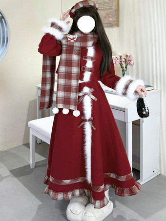 レッド スイートロリータ3点セット プラッシュトップとスカートとスカーフのコーデ 秋冬 着心地抜群