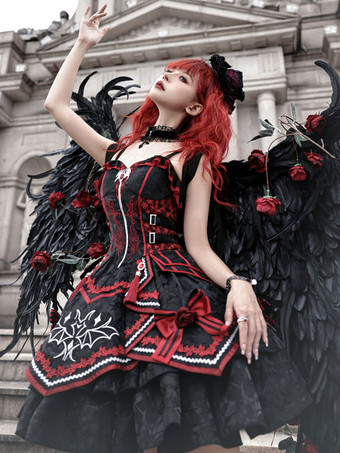 ブラック ゴシックロリータ 赤と黒のJSKドレス コウモリ柄 ダークファンタジー ロールプレイコスチューム