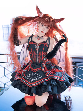 ゴシックロリータ 赤と黒のJSKドレス コウモリ柄 ダークファンタジー ロールプレイコスチューム
