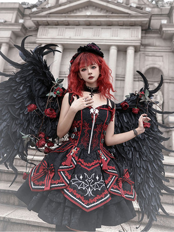 ゴシックロリータ 赤と黒のJSKドレス コウモリ柄 ダークファンタジー ロールプレイコスチューム