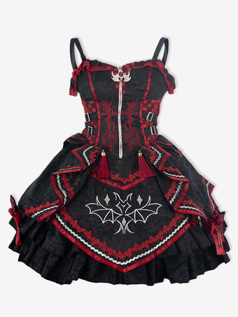 ゴシックロリータ 赤と黒のJSKドレス コウモリ柄 ダークファンタジー ロールプレイコスチューム