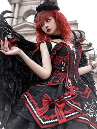 ゴシックロリータ 赤と黒のJSKドレス コウモリ柄 ダークファンタジー ロールプレイコスチューム