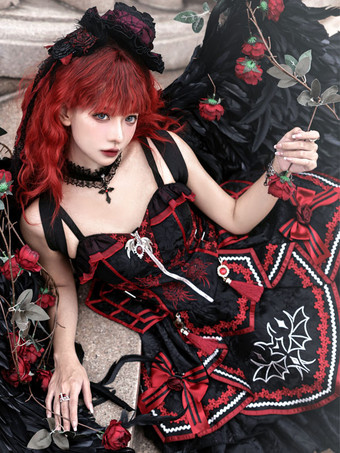 ゴシックロリータ 赤と黒のJSKドレス コウモリ柄 ダークファンタジー ロールプレイコスチューム